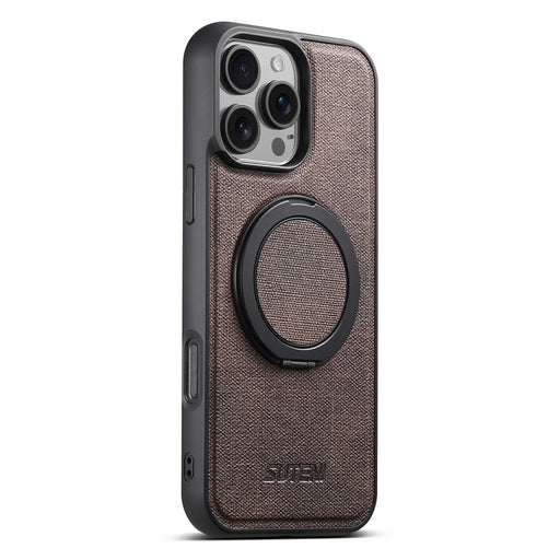 SUTENI G3 For iPhone 16 Pro Max Magnetic Case Rotating Ring Kickstand Jeans Texture PU TPU Phone Back Cover - Brown - 2