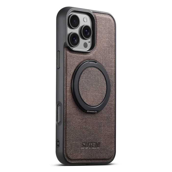 SUTENI G3 For iPhone 16 Pro Max Magnetic Case Rotating Ring Kickstand Jeans Texture PU TPU Phone Back Cover - Brown - 2