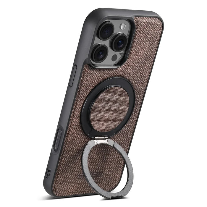 SUTENI G3 For iPhone 16 Pro Max Magnetic Case Rotating Ring Kickstand Jeans Texture PU TPU Phone Back Cover - Brown - 5