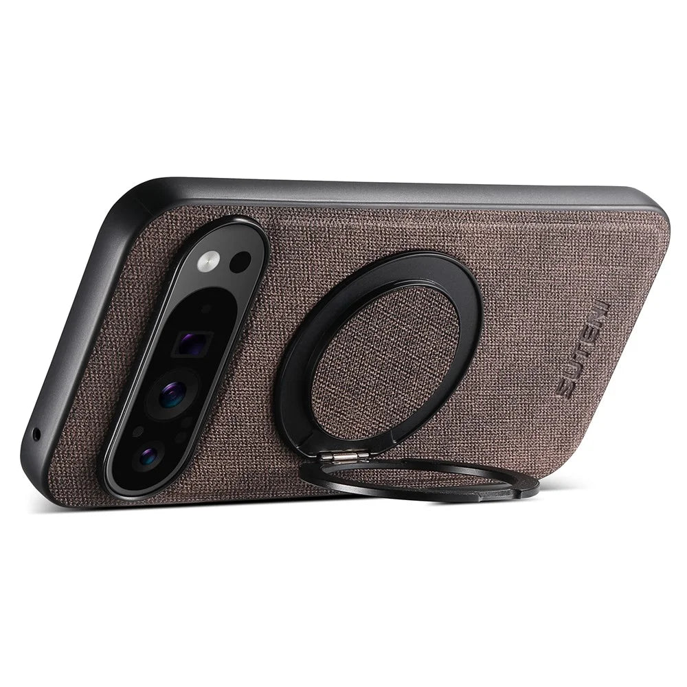 SUTENI G3 For Google Pixel 9 Pro / 9 Magnetic Case Rotating Ring Kickstand Jeans Texture PU TPU Phone Back Cover - Brown - 4
