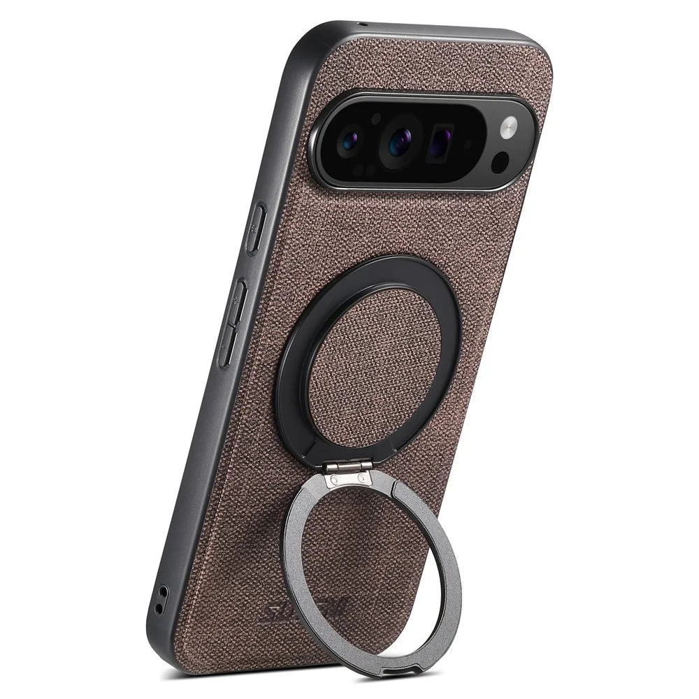 SUTENI G3 For Google Pixel 9 Pro / 9 Magnetic Case Rotating Ring Kickstand Jeans Texture PU TPU Phone Back Cover - Brown - 5
