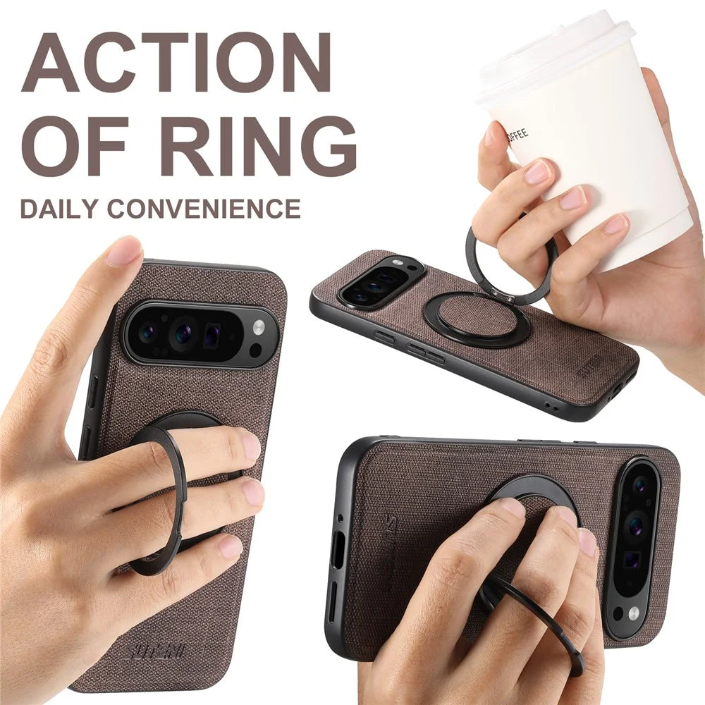 SUTENI G3 For Google Pixel 9 Pro / 9 Magnetic Case Rotating Ring Kickstand Jeans Texture PU TPU Phone Back Cover - Brown - 7