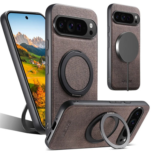 SUTENI G3 For Google Pixel 9 Pro XL Magnetic Case Rotating Ring Kickstand Jeans Texture PU TPU Phone Back Cover - Brown - 1