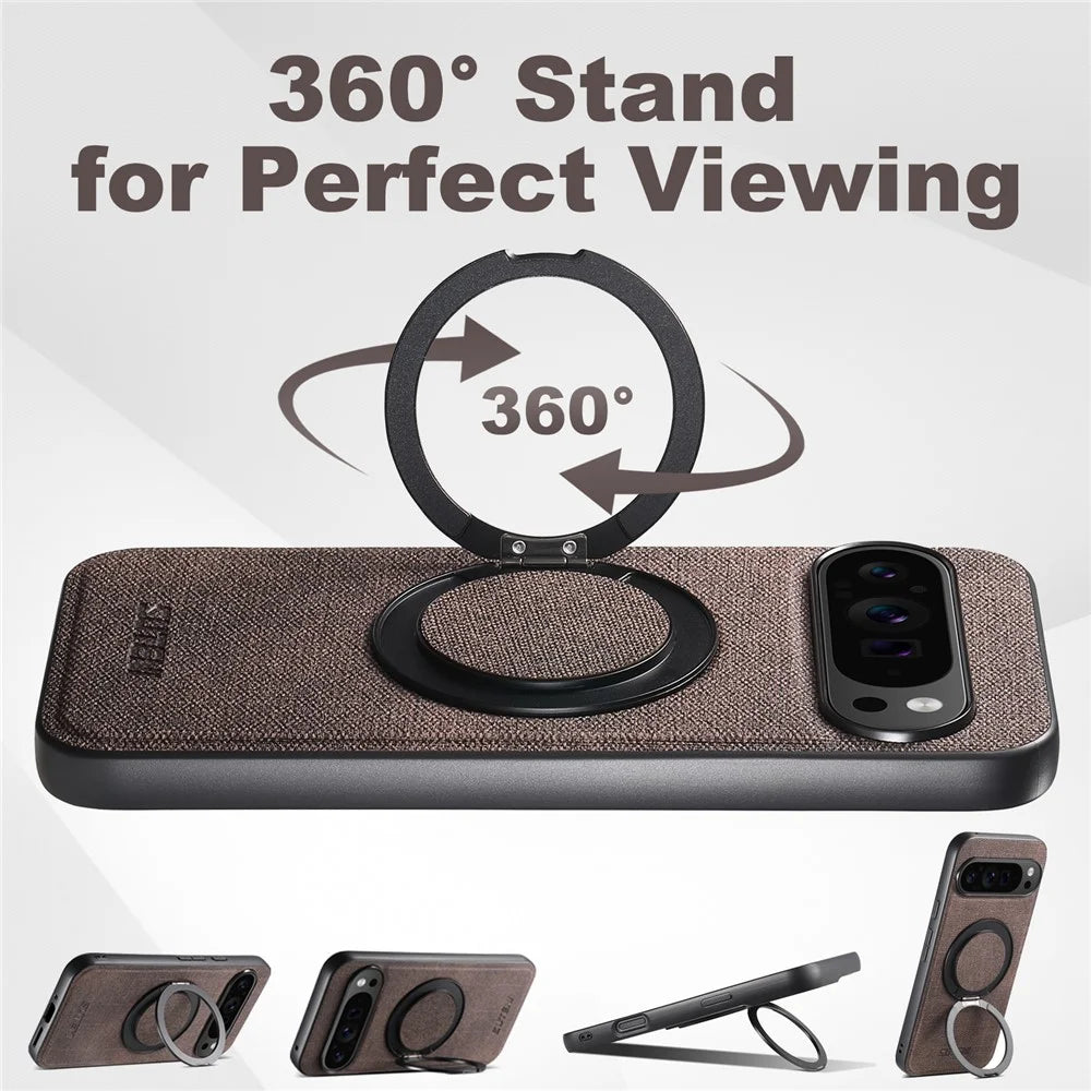 SUTENI G3 For Google Pixel 9 Pro XL Magnetic Case Rotating Ring Kickstand Jeans Texture PU TPU Phone Back Cover - Brown - 6