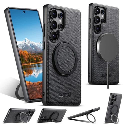 SUTENI G3 For Samsung Galaxy S25 Ultra Magnetic Case Rotating Ring Kickstand Jeans Texture PU TPU Phone Back Cover - Black - 1