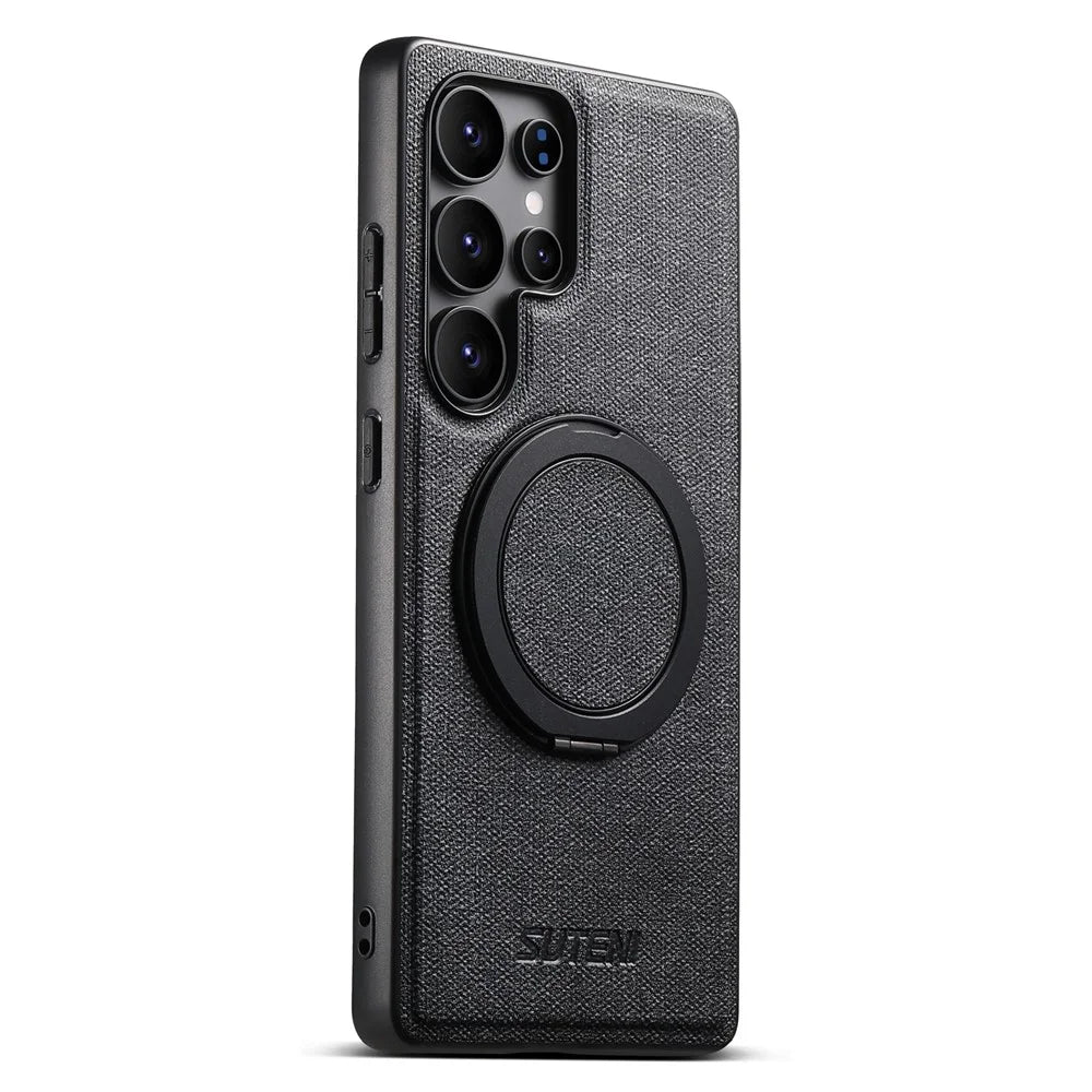 SUTENI G3 For Samsung Galaxy S25 Ultra Magnetic Case Rotating Ring Kickstand Jeans Texture PU TPU Phone Back Cover - Black - 2