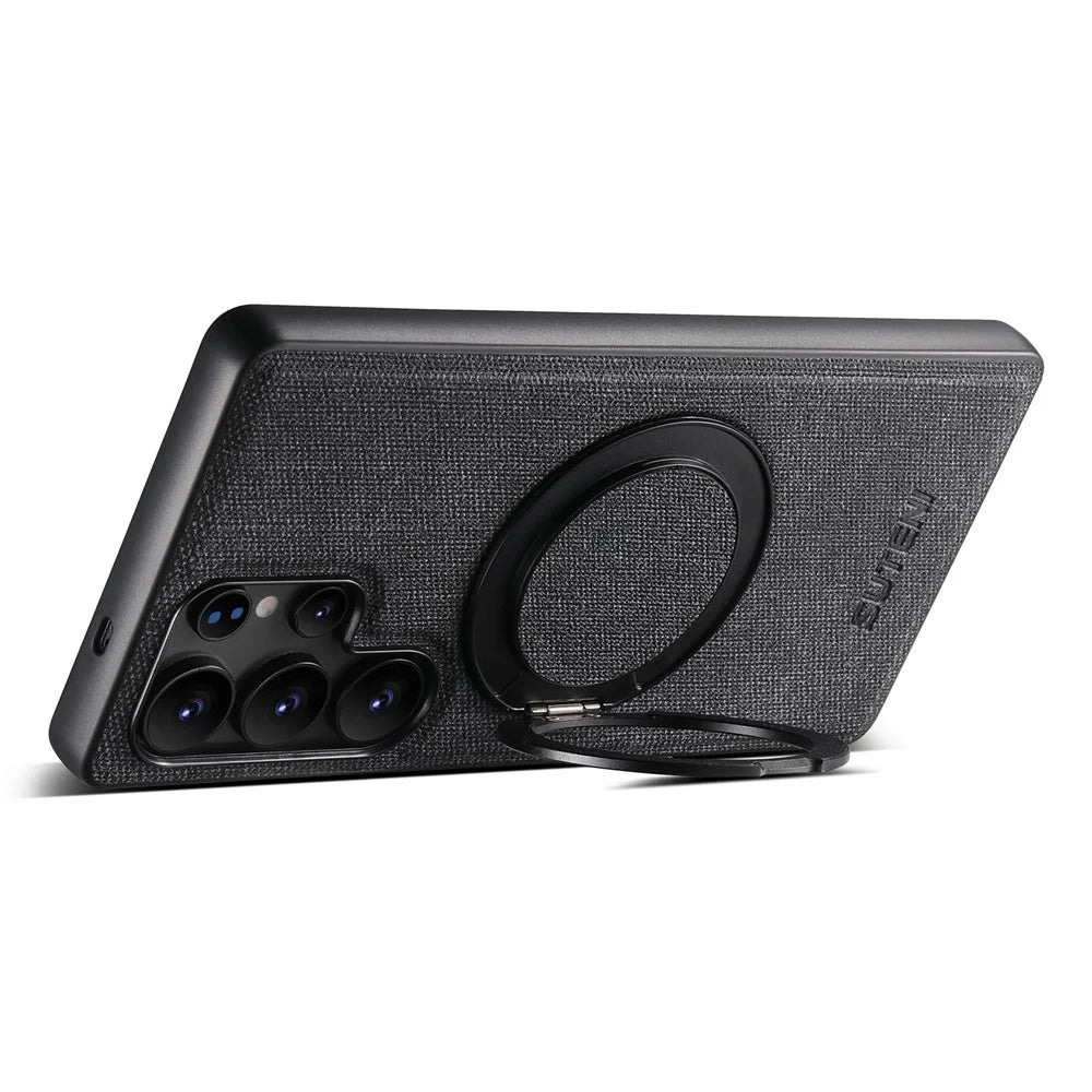 SUTENI G3 For Samsung Galaxy S25 Ultra Magnetic Case Rotating Ring Kickstand Jeans Texture PU TPU Phone Back Cover - Black - 3