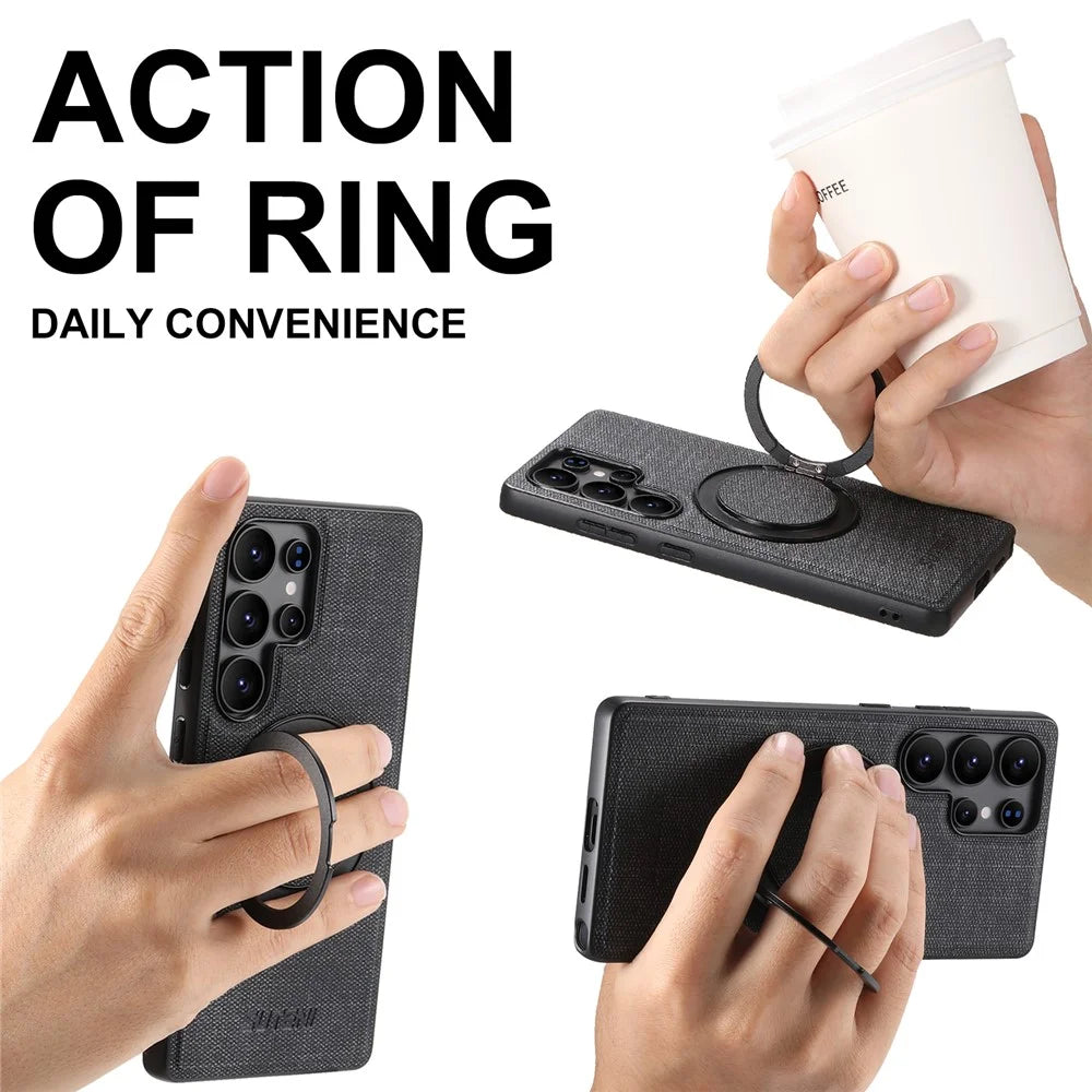 SUTENI G3 For Samsung Galaxy S25 Ultra Magnetic Case Rotating Ring Kickstand Jeans Texture PU TPU Phone Back Cover - Black - 6