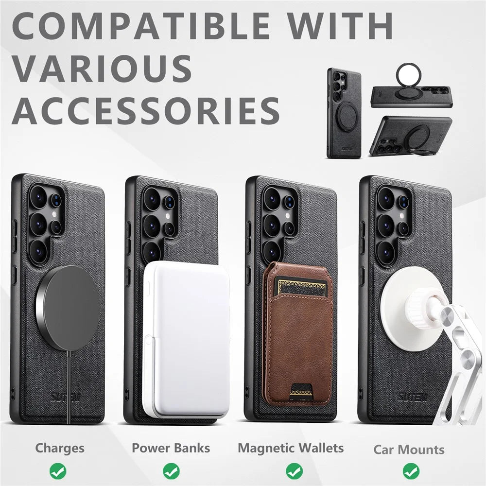 SUTENI G3 For Samsung Galaxy S25 Ultra Magnetic Case Rotating Ring Kickstand Jeans Texture PU TPU Phone Back Cover - Black - 7