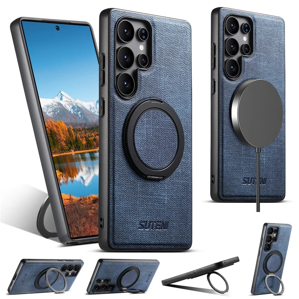 SUTENI G3 For Samsung Galaxy S24 Ultra Magnetic Case Rotating Ring Kickstand Jeans Texture PU TPU Phone Back Cover - Blue - 1