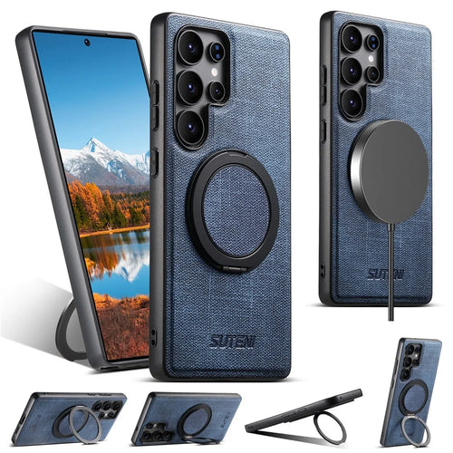 SUTENI G3 For Samsung Galaxy S24 Ultra Magnetic Case Rotating Ring Kickstand Jeans Texture PU TPU Phone Back Cover - Blue - 1