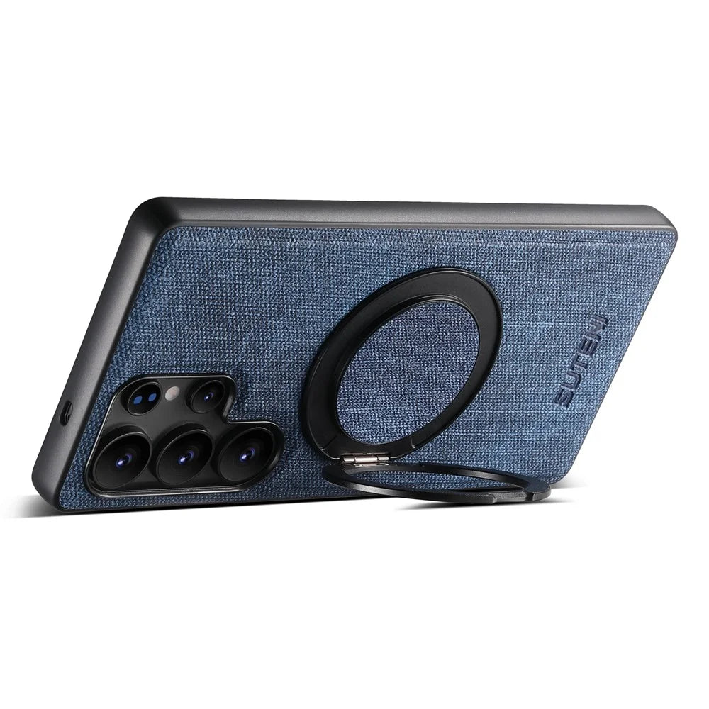 SUTENI G3 For Samsung Galaxy S24 Ultra Magnetic Case Rotating Ring Kickstand Jeans Texture PU TPU Phone Back Cover - Blue - 3