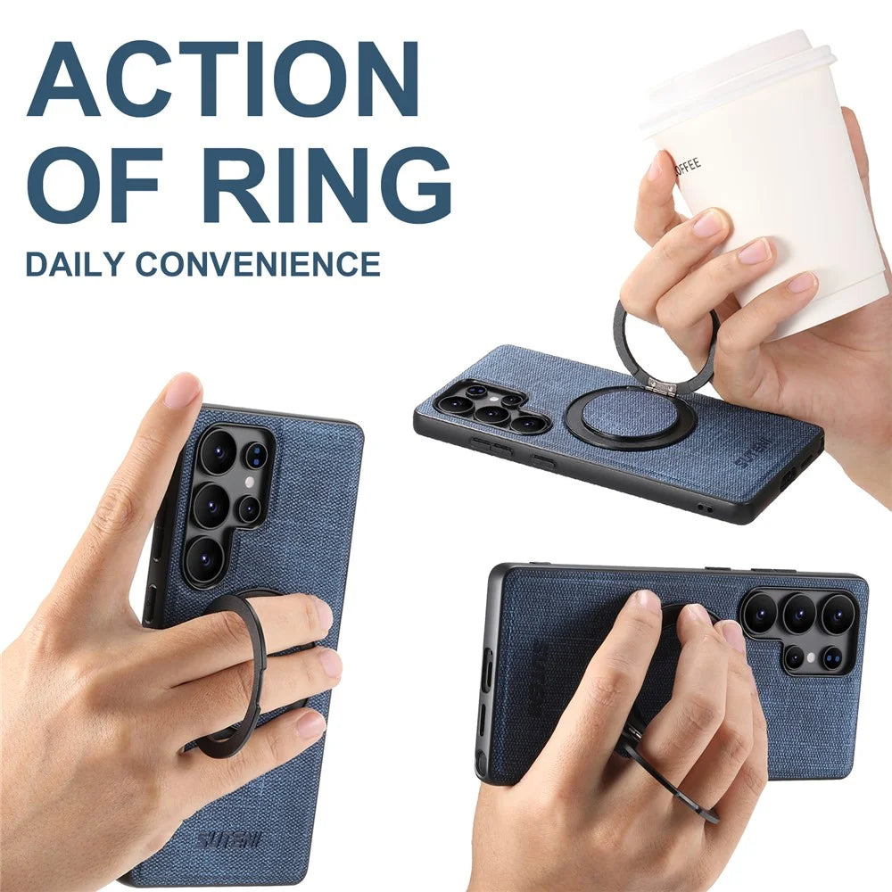 SUTENI G3 For Samsung Galaxy S24 Ultra Magnetic Case Rotating Ring Kickstand Jeans Texture PU TPU Phone Back Cover - Blue - 6