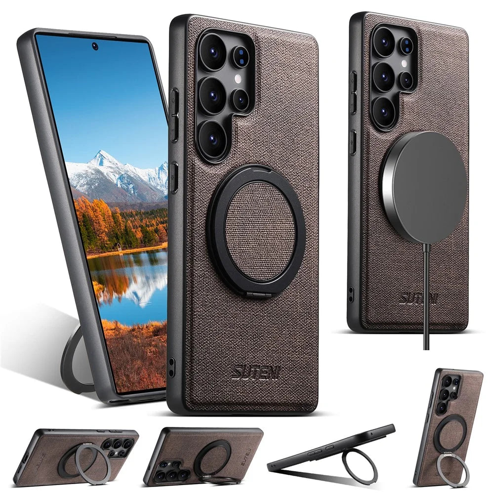 SUTENI G3 For Samsung Galaxy S23 Ultra Magnetic Case Rotating Ring Kickstand Jeans Texture PU TPU Phone Back Cover - Brown - 1