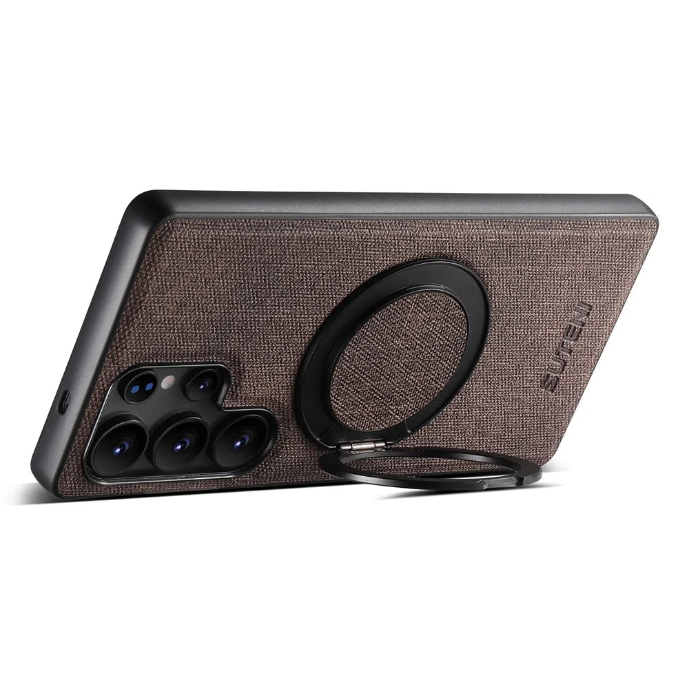 SUTENI G3 For Samsung Galaxy S23 Ultra Magnetic Case Rotating Ring Kickstand Jeans Texture PU TPU Phone Back Cover - Brown - 3