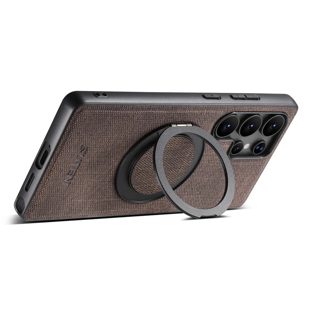 SUTENI G3 For Samsung Galaxy S23 Ultra Magnetic Case Rotating Ring Kickstand Jeans Texture PU TPU Phone Back Cover - Brown - 4