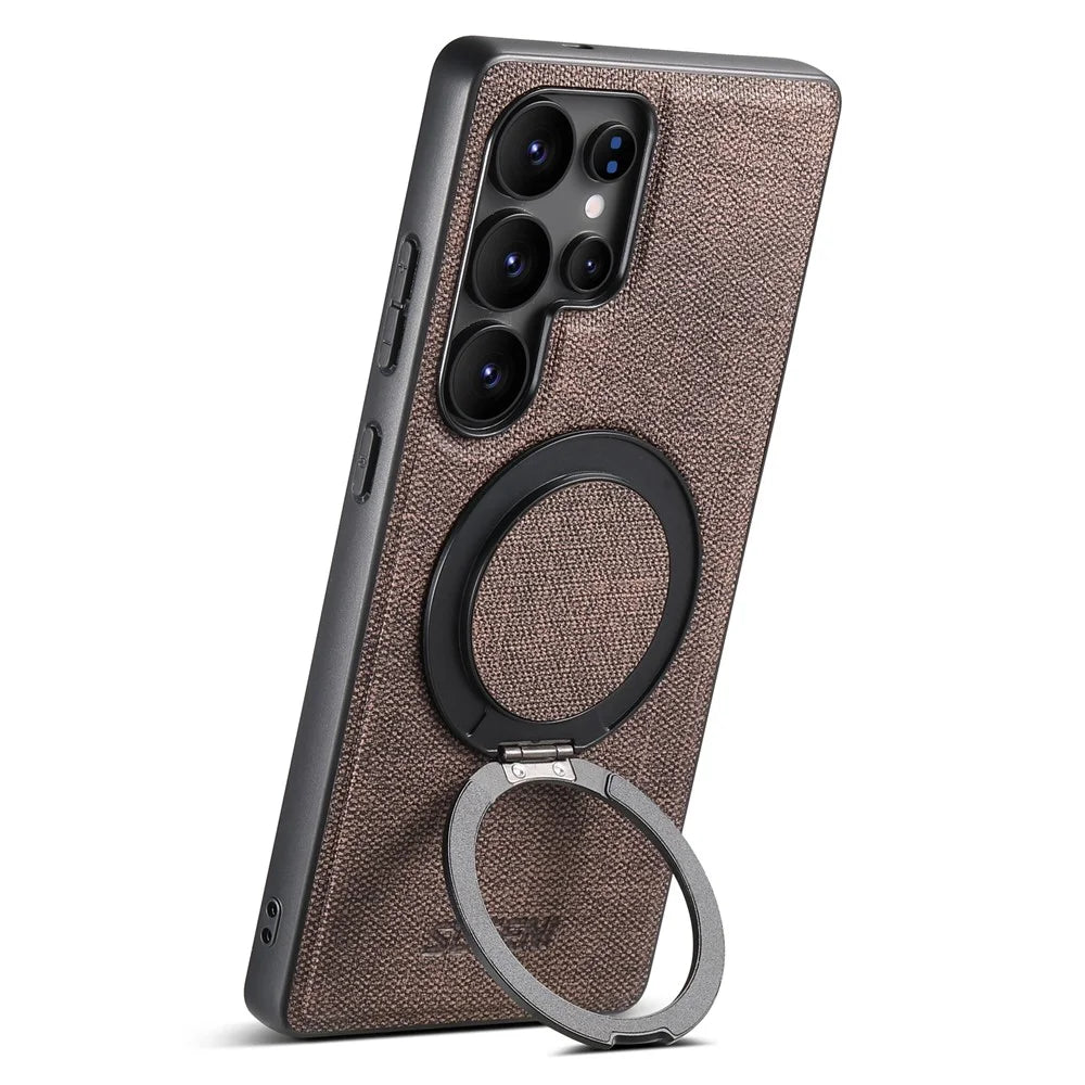 SUTENI G3 For Samsung Galaxy S23 Ultra Magnetic Case Rotating Ring Kickstand Jeans Texture PU TPU Phone Back Cover - Brown - 5