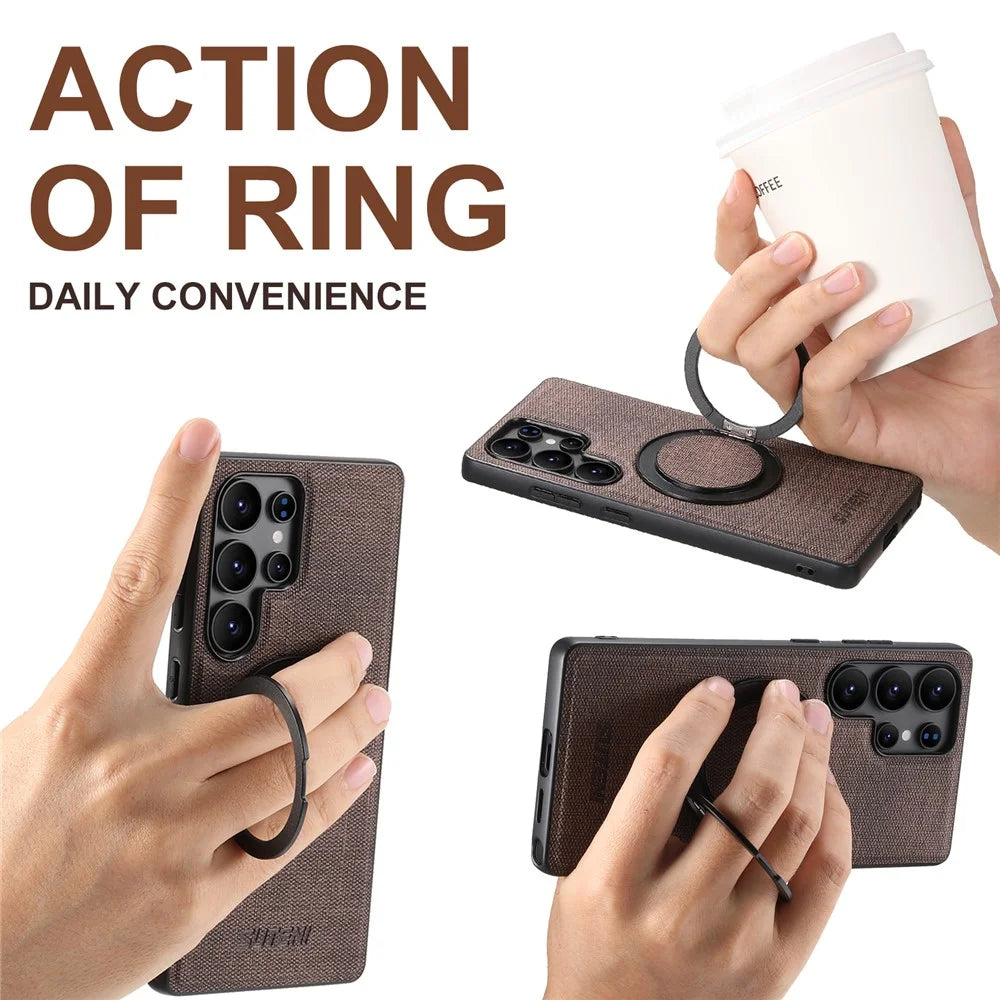 SUTENI G3 For Samsung Galaxy S23 Ultra Magnetic Case Rotating Ring Kickstand Jeans Texture PU TPU Phone Back Cover - Brown - 6