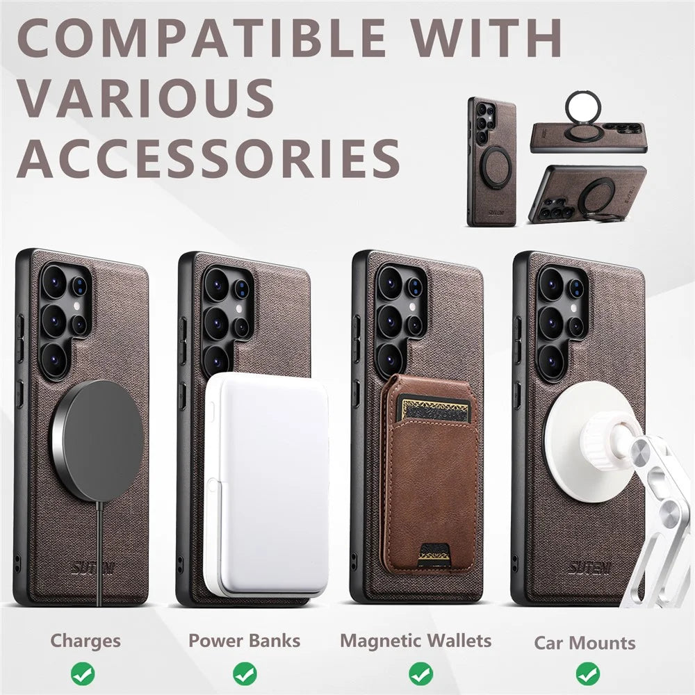SUTENI G3 For Samsung Galaxy S23 Ultra Magnetic Case Rotating Ring Kickstand Jeans Texture PU TPU Phone Back Cover - Brown - 7