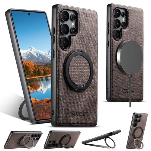 SUTENI G3 For Samsung Galaxy S22 Ultra 5G Magnetic Case Rotating Ring Kickstand Jeans Texture PU TPU Phone Back Cover - Brown - 1