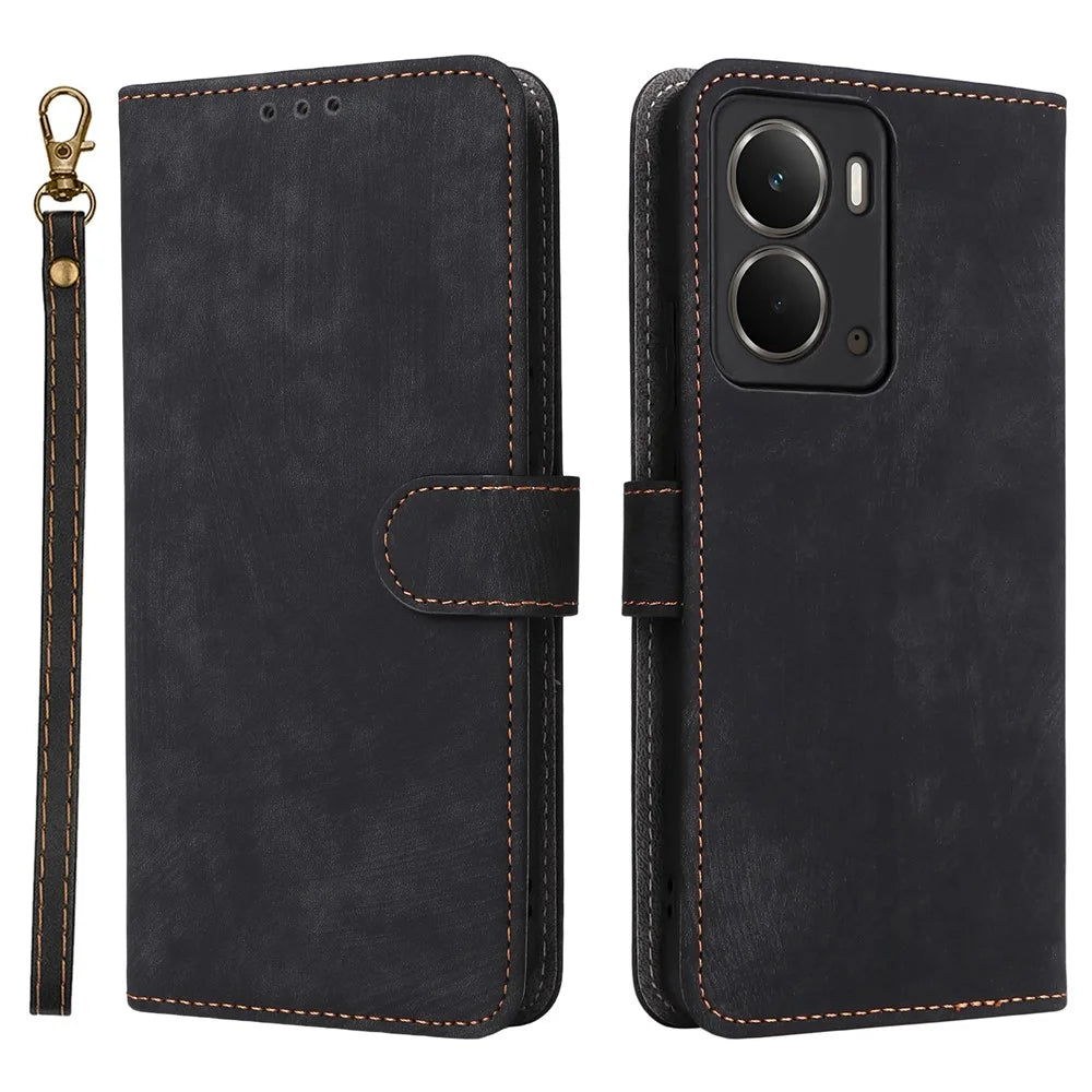 For Realme Neo7x 5G  /  P3 5G Case Wallet RFID Blocking PU Leather Cover Stand with Strap - Black - 1