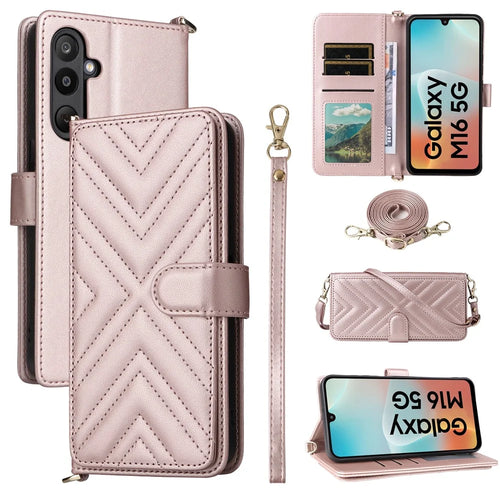 For Samsung Galaxy M16 5G  /  F16 5G Wallet Case with Shoulder / Wrist Strap Leather Phone Cover Stand - Pink - 1