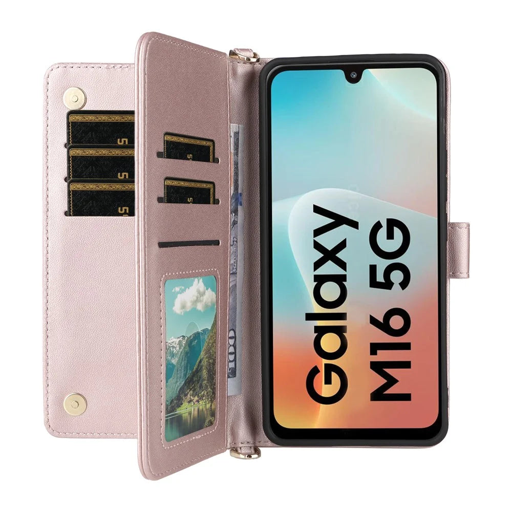 For Samsung Galaxy M16 5G  /  F16 5G Wallet Case with Shoulder / Wrist Strap Leather Phone Cover Stand - Pink - 2