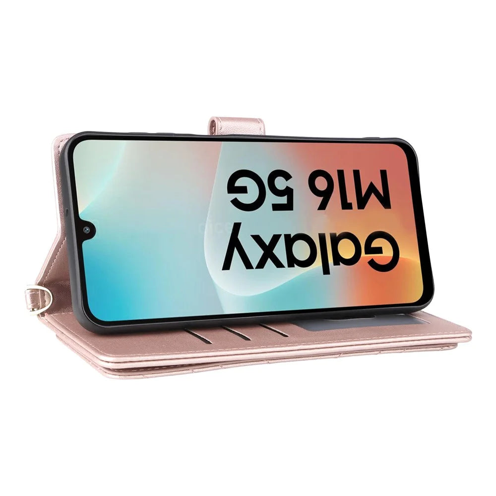 For Samsung Galaxy M16 5G  /  F16 5G Wallet Case with Shoulder / Wrist Strap Leather Phone Cover Stand - Pink - 3