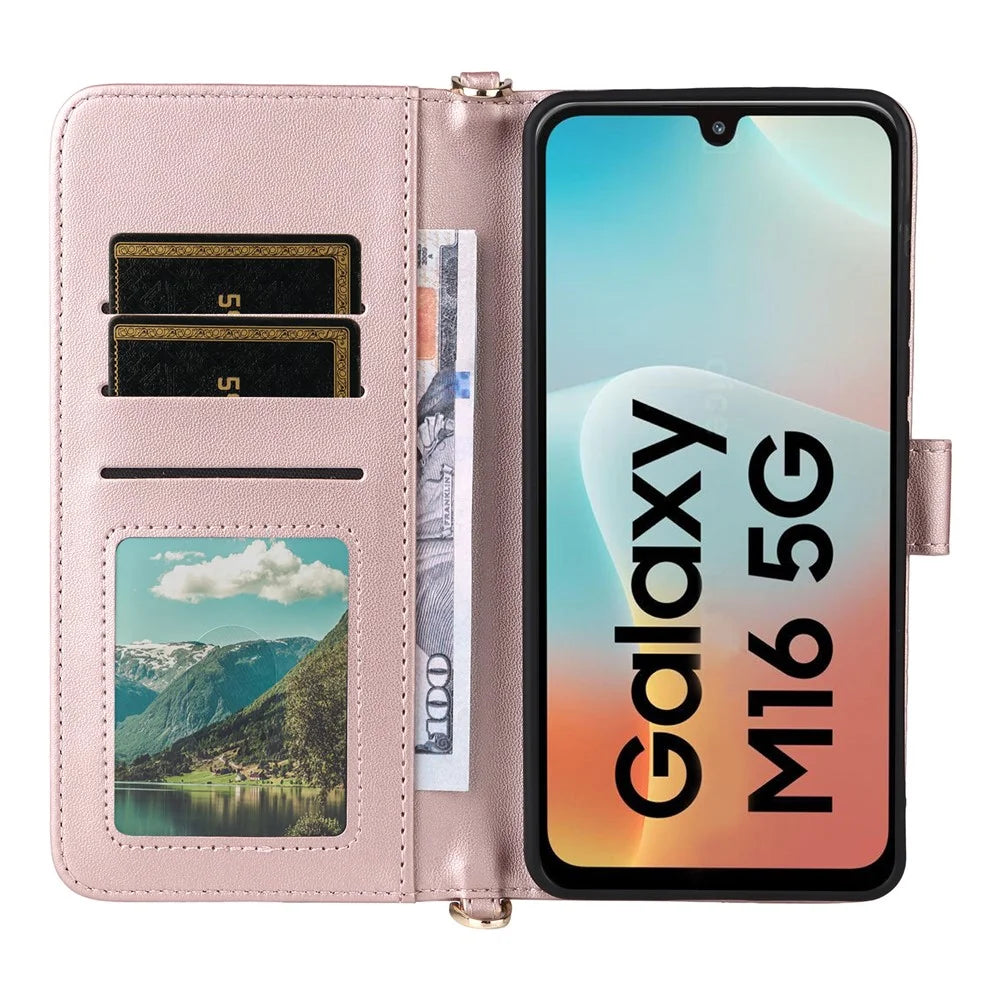 For Samsung Galaxy M16 5G  /  F16 5G Wallet Case with Shoulder / Wrist Strap Leather Phone Cover Stand - Pink - 5