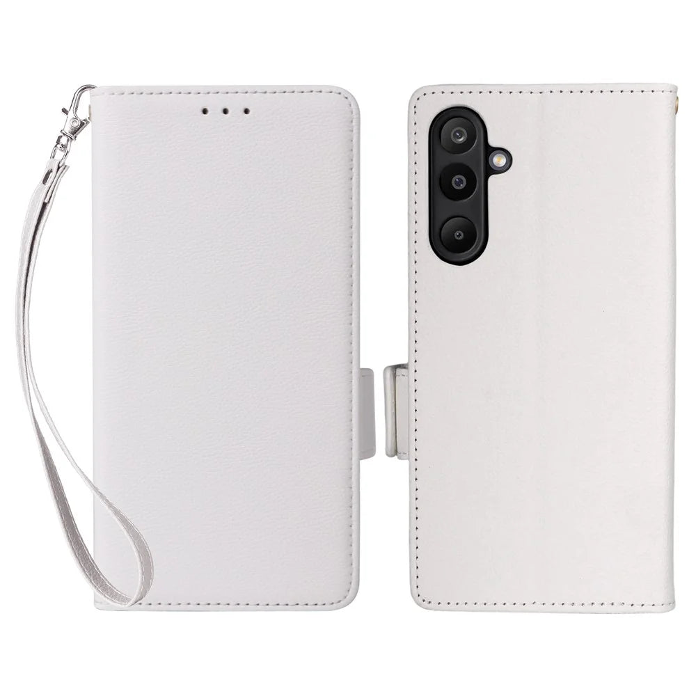 For Samsung Galaxy M16 5G  /  F16 5G Case with Wrist Strap Litchi Texture PU Leather Wallet Phone Cover - White - 1