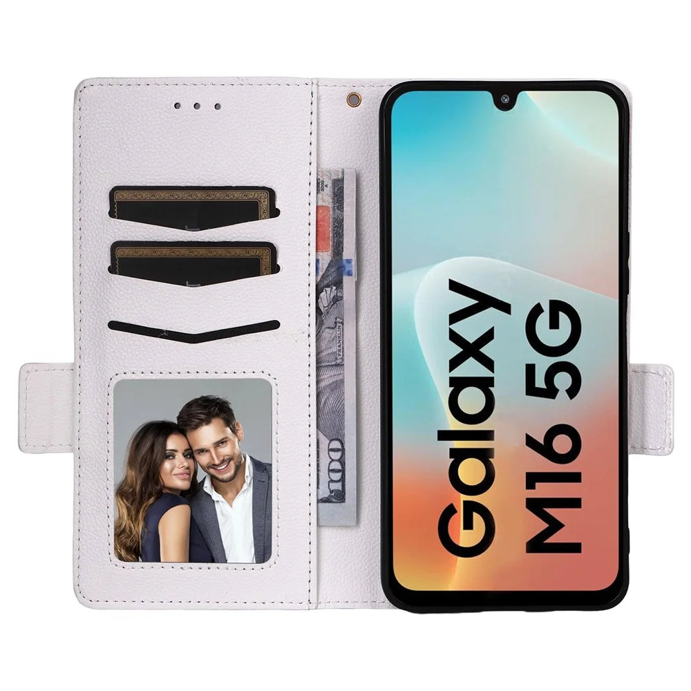 For Samsung Galaxy M16 5G  /  F16 5G Case with Wrist Strap Litchi Texture PU Leather Wallet Phone Cover - White - 2