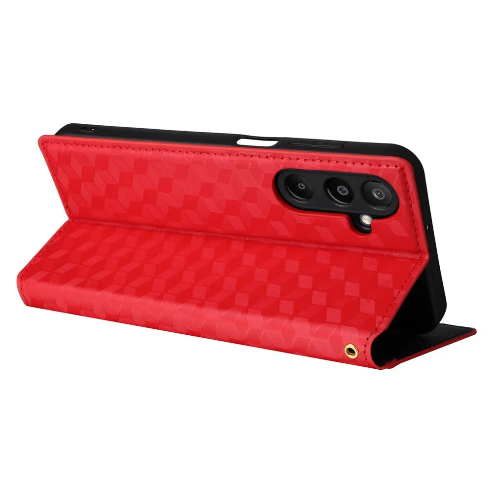 For Samsung Galaxy M16 5G  /  F16 5G Case Wallet Rhombus Imprinted Leather Phone Cover - Red - 4