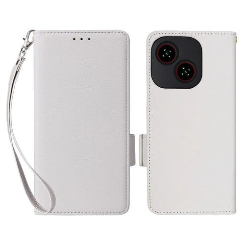 For ZTE Blade A35e (EU) (Z2466) Case with Wrist Strap Litchi Texture PU Leather Wallet Phone Cover - White - 1