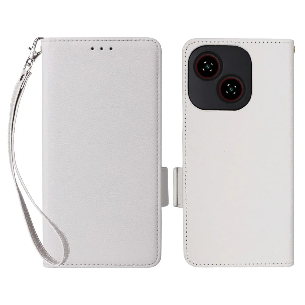 For ZTE Blade A35e (EU) (Z2466) Case with Wrist Strap Litchi Texture PU Leather Wallet Phone Cover - White - 1