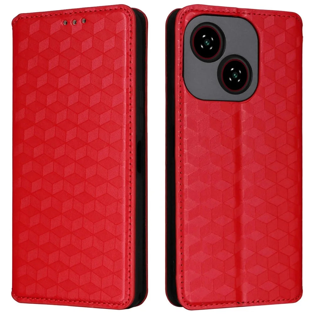 For ZTE Blade A35e (EU) (Z2466) Case Wallet Rhombus Imprinted Leather Phone Cover - Red - 1