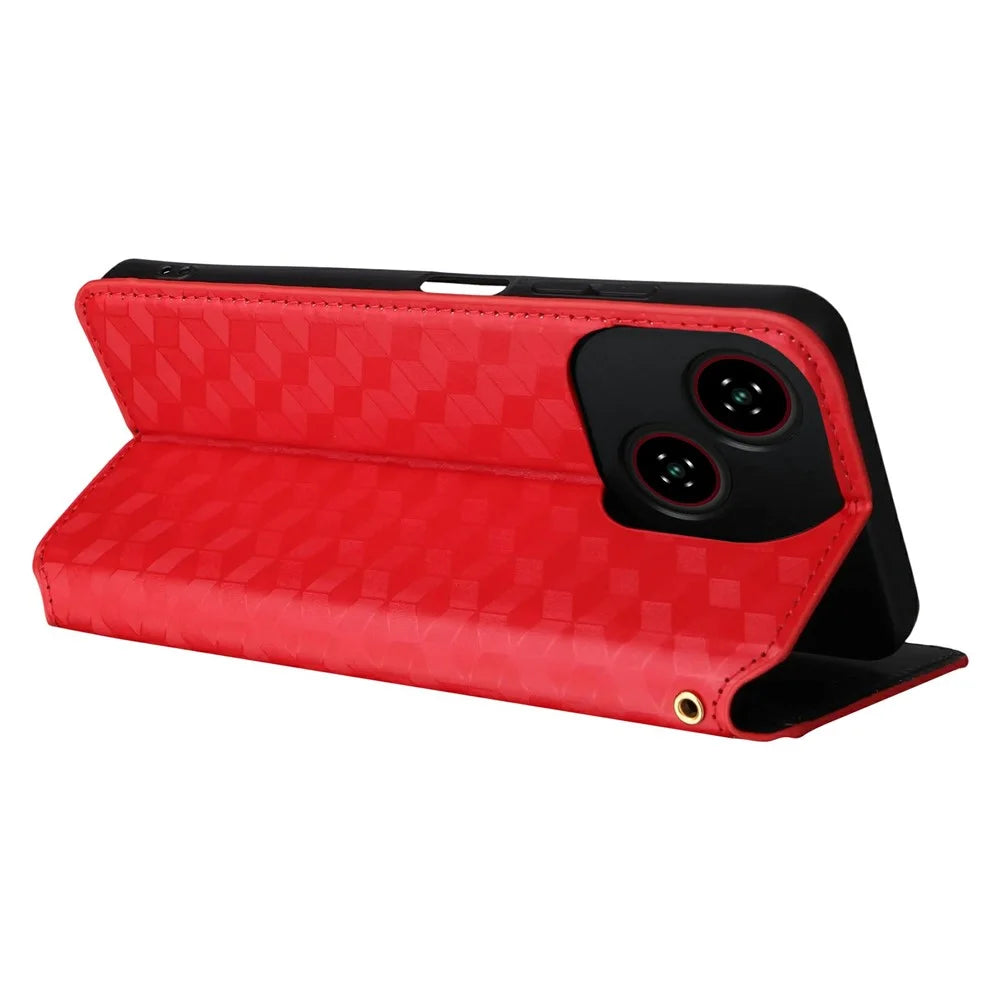 For ZTE Blade A35e (EU) (Z2466) Case Wallet Rhombus Imprinted Leather Phone Cover - Red - 5