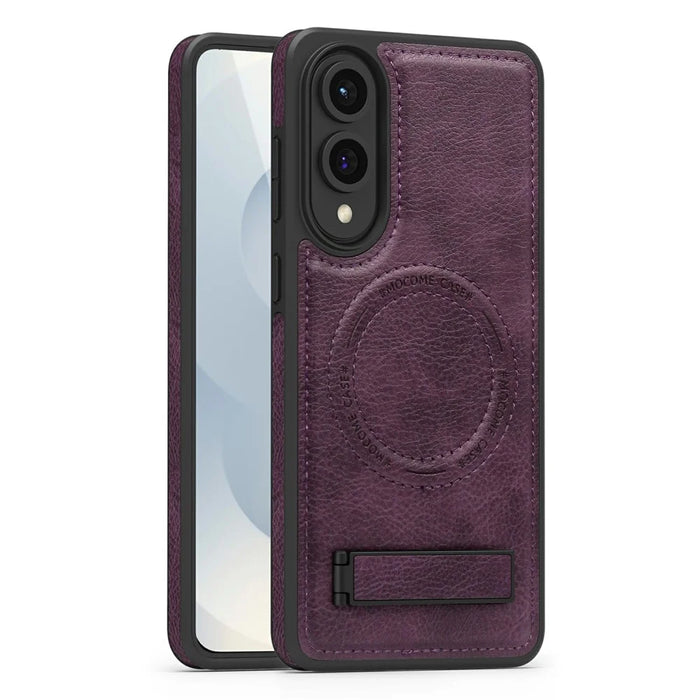 For Samsung Galaxy S25 Edge Magnetic Case with Folded Kickstand PC Silicone Leather Phone Back Cover - Dark Purple - 1