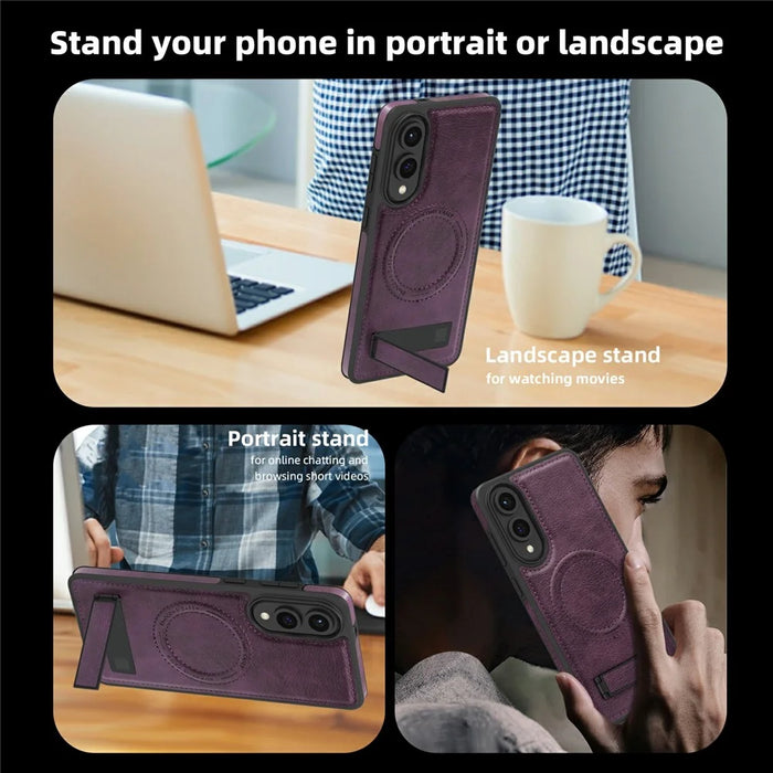 For Samsung Galaxy S25 Edge Magnetic Case with Folded Kickstand PC Silicone Leather Phone Back Cover - Dark Purple - 2
