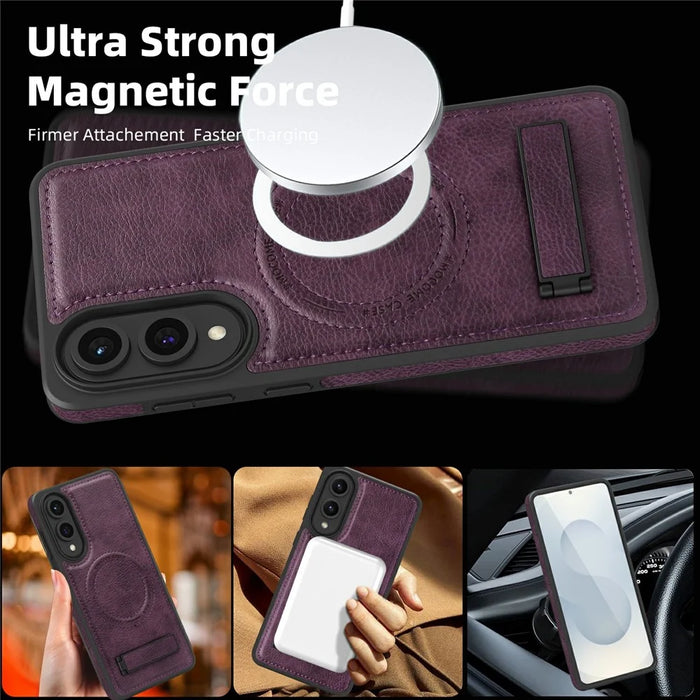 For Samsung Galaxy S25 Edge Magnetic Case with Folded Kickstand PC Silicone Leather Phone Back Cover - Dark Purple - 5
