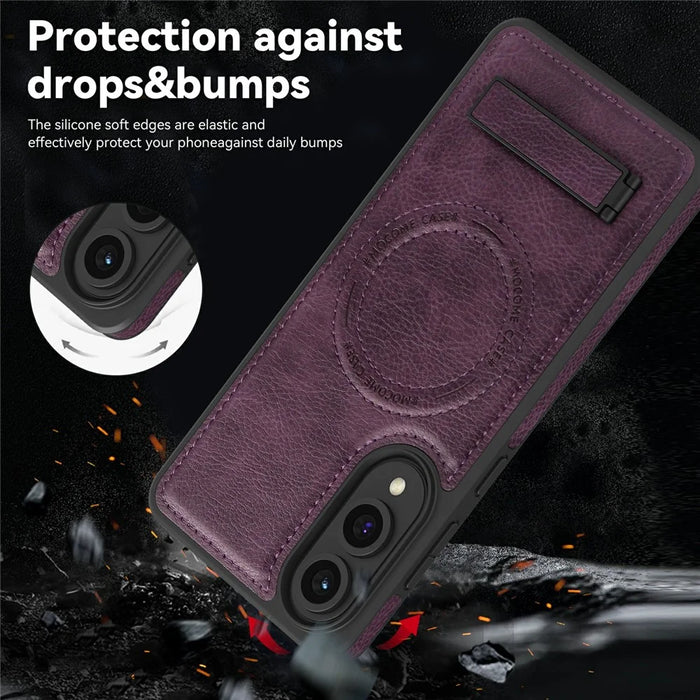For Samsung Galaxy S25 Edge Magnetic Case with Folded Kickstand PC Silicone Leather Phone Back Cover - Dark Purple - 6