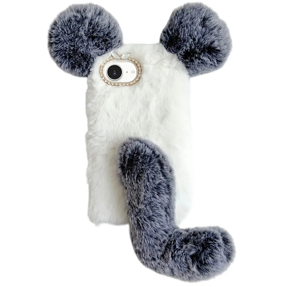 For iPhone 17e / 16e Case Plush Mouse Winter Fluffy TPU Phone Cover - Grey - 1