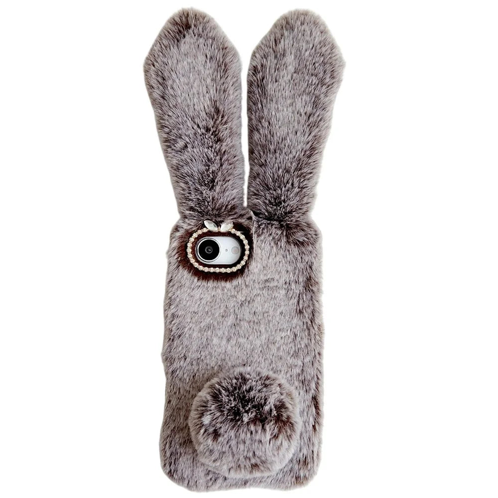For iPhone 17e / 16e Case Plush Cute Bunny Winter Fluffy TPU Phone Cover - Brown - 1