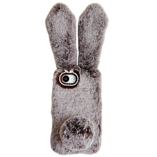 For iPhone 17e / 16e Case Plush Cute Bunny Winter Fluffy TPU Phone Cover - Brown - 1