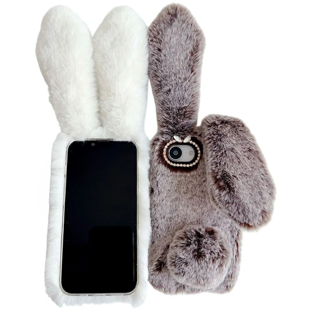 For iPhone 17e / 16e Case Plush Cute Bunny Winter Fluffy TPU Phone Cover - Brown - 3