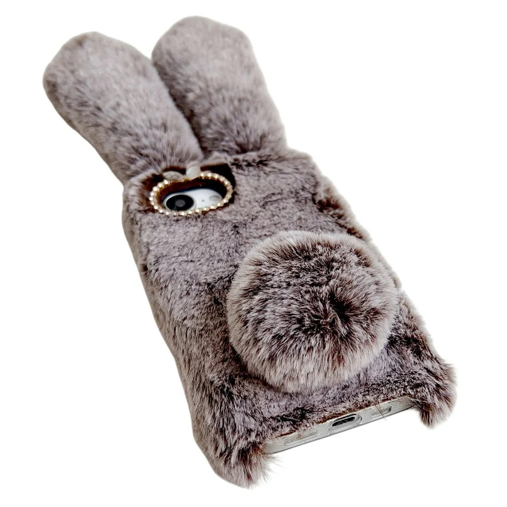 For iPhone 17e / 16e Case Plush Cute Bunny Winter Fluffy TPU Phone Cover - Brown - 5