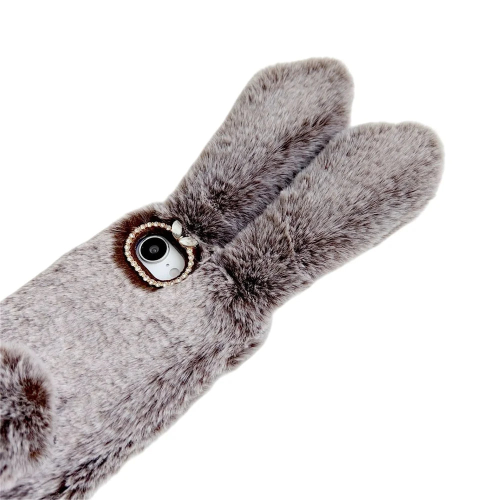 For iPhone 17e / 16e Case Plush Cute Bunny Winter Fluffy TPU Phone Cover - Brown - 6