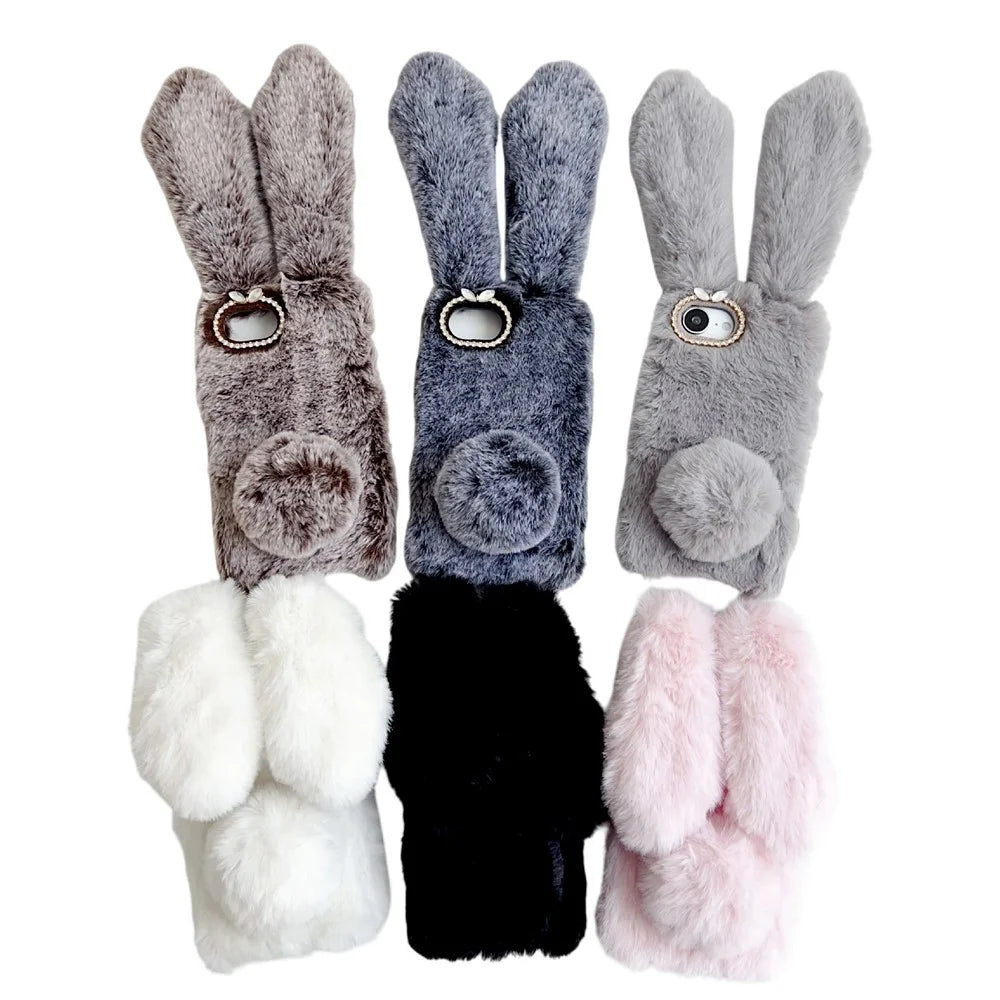 For iPhone 17e / 16e Case Plush Cute Bunny Winter Fluffy TPU Phone Cover - Brown - 7