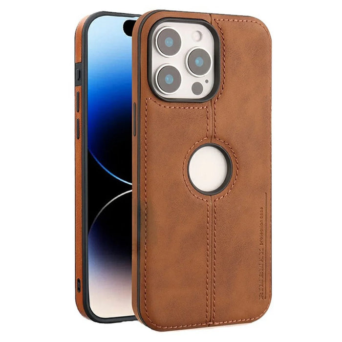 For iPhone 13 Pro Case Central Axis with Logo Cutout PU Leather + PC Phone Back Cover - Light Brown - 1