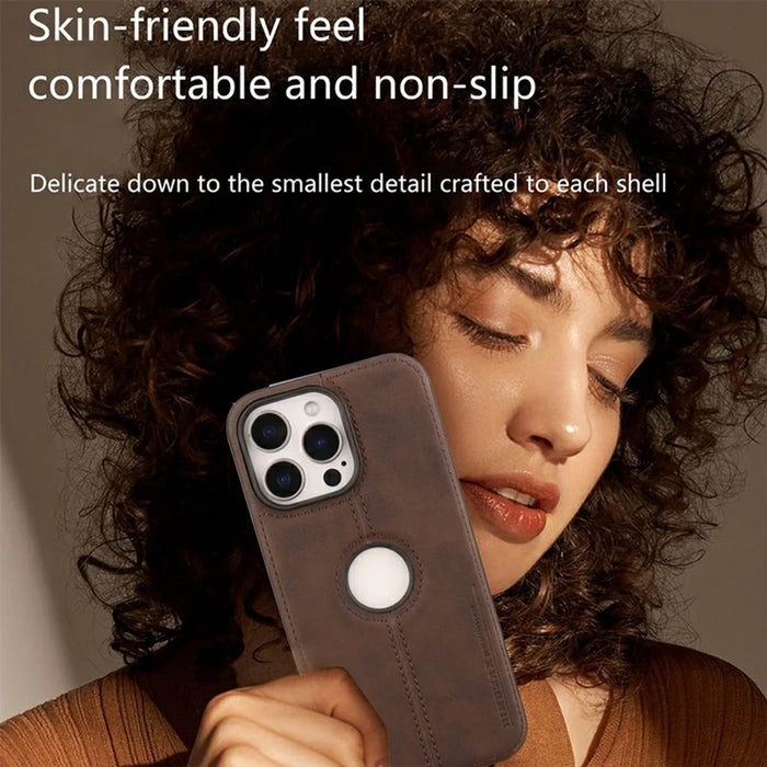 For iPhone 13 Pro Case Central Axis with Logo Cutout PU Leather + PC Phone Back Cover - Light Brown - 3