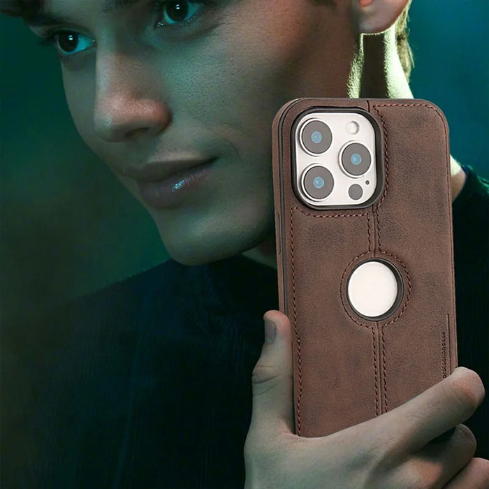 For iPhone 13 Pro Case Central Axis with Logo Cutout PU Leather + PC Phone Back Cover - Light Brown - 4